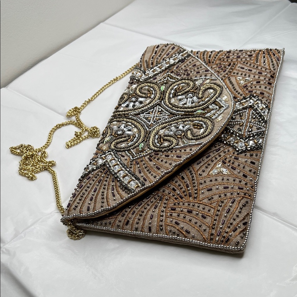 Lulu's Brown and Gold Beaded Clutch